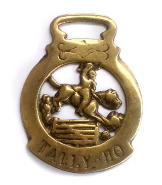 Antique English Horse Brass Medallion Horse Jumping Fence Tally Ho Fox Hunting