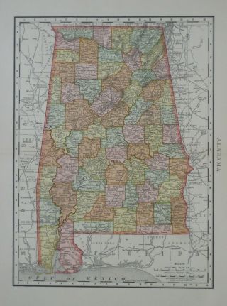 1895 Rand Mcnally Map Alabama Montgomery Mobile Tuscaloosa Chickasaw
