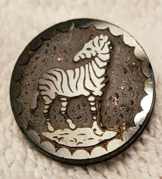 Antique,  Black Glass Picture Button,  Wild Animal,  Zebra,  Scarce,  3/4 "