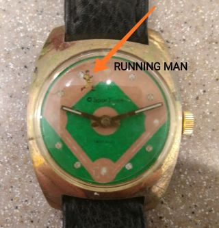 Very Rare Vintage Baseball Watch With Running Man On The Dial.  Swiss Spor Time
