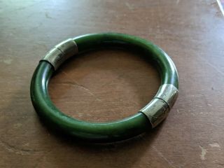 Antique Chinese Jade Silver Bangle Bracelet
