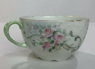 Antique J P L France Hand Painted Limoges Tea Cup Pink Flowers Green And Gold