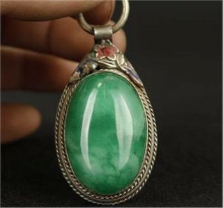 China Tibet Silver Inlay Natural Green Jade Cloisonne Red Flower Pendant As
