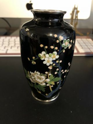 Vintage Japanese Cloisonne Vase Black Sato In Excelent For Its Age