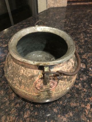 Antique Vintage Hand Hammered Copper Pot With Iron Handle And Dovetail Seams