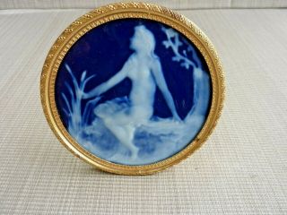 Limoges Pate - Sur - Pate Round Cobalt Porcelain Plaque Of Maiden In Forest (55208)