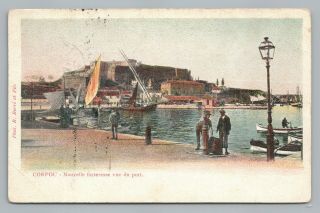Corfu Greece—port & Fortress—antique Greek Postcard Κέρκυρα καρτ ποστάλ 1906