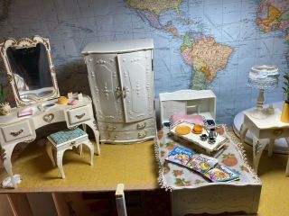 Vintage Ginny Doll Bedroom Set.  Vanity,  Bed,  Side Table And Armoire
