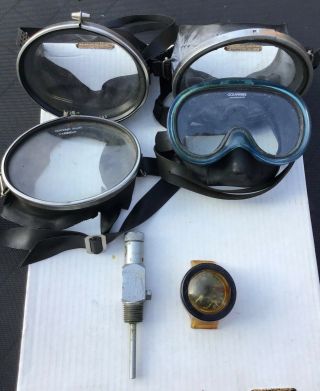 Vintage Diving Equipment - 4 Masks,  1 Us Divers Tank Value And Wrist Pressure Gage