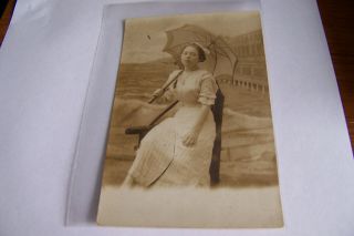 Rare Antique Vintage Rppc Real Photo Postcard Lovely Young Woman Holding Parasol