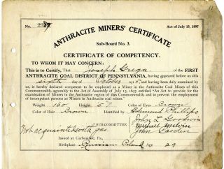 1915 Anthracite Coal Miner Certificate Of Competency Carbondale Pennsylvania