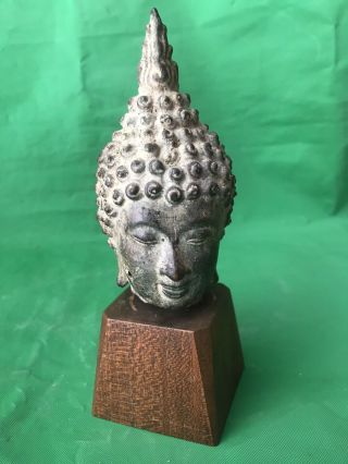 Vintage Buddhism Bronze Head Statue Figure Wooden Base