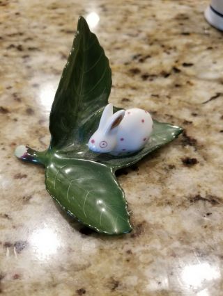 Rare Herend Hand Painted Pink Dot Bunny Rabbit On Leaf