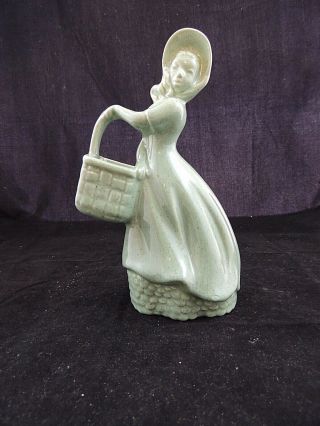 Rare Vintage Haeger Pottery Green Girl With Basket 1940s