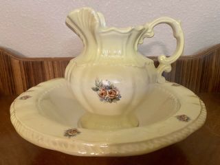 Arnel’s Yellow Rose Water Pitcher And Wash Basin Vintage Floral
