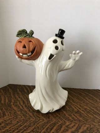 Vintage Rare Ceramic Ghost With Pumpkin Halloween Decor Spooky Easily Lighted
