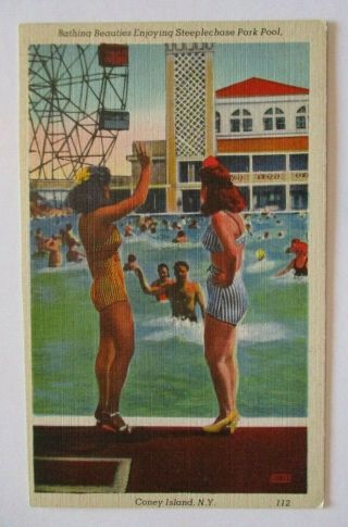 Rare 1950s Sexy Women Steeplechase Park Pool Coney Island Ny Linen Post Card