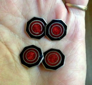 Vintage Art Deco Guilloche Octagon Shape Double Sided Cuff Links Red & Black