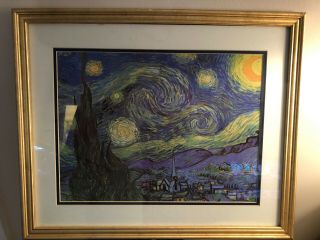 Antique Vtg Vincent Van Gogh The Starry Night 1889 Print.  Gold Tone Wood Frame