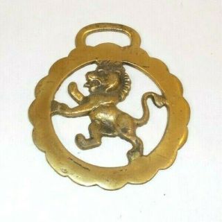 Antique English Horse Brass Medallion With A Lion With Mane On Its Back Legs