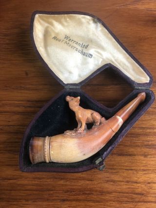 Antique Meerschaum Ladies Pipe With Carved Dog Amber Stem In Case (broken)
