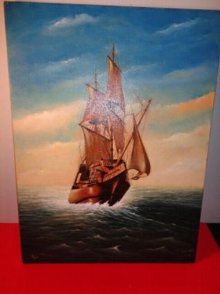 Vintage M Groba Signed Oil On Canvas Painting Of A Clipper Ship Unframed (20 By