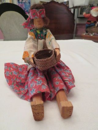 Vintage Native American Indian Woman Sitting W/ Basket Hand Carved