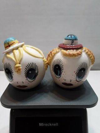 Vintage Boy And Girl Head Salt & Pepper Shakers Big Eyes Small Hats Rare