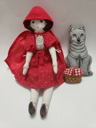 Handmade Vintage Pattern Soft Sculpture Doll Red Riding Hood With Wolf Storybook