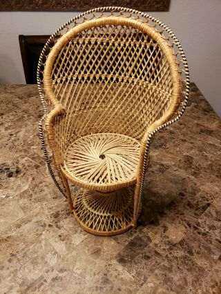 Wicker Peacock Chair For Doll Or Plant 16 " Rattan Fan Back Stand