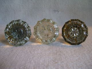Set Of 3 Antique/vintage 12 Point Glass Door Knobs Brass Hardware On Two