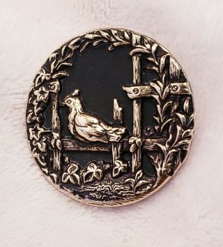 Antique,  Victorian,  Brass,  Picture Button,  Bird On A Garden Fence,  1 - 1/2 "