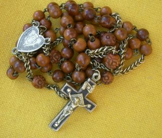 Antique French Rosary In Olive Wood Beads,  Brass Chain Chaplet Rosario