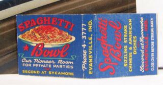 Rare Vintage Matchbook Cover W1 Evansville Indiana Spaghetti Bowl Pioneer Room