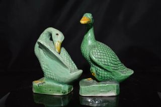 Antique Chinese Republic Period Export Green Duck Figurines Pair - 7.  5 Cm