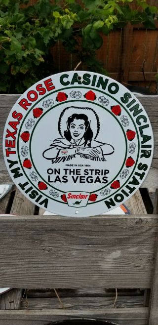 Rare Old Vintage 1954 Sinclair Porcelain Sign Texas Rose Casino Cowgirl Pinup