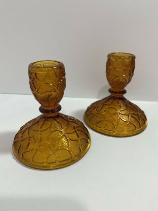 2 Vintage Amber Glass Candle Holders Swirl Design Taper Candle Holders 3.  5”