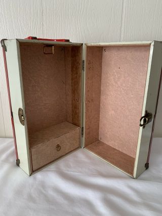 Vintage 12 Inch Red Metal Doll Case Wardrobe Clothing Trunk With Drawer