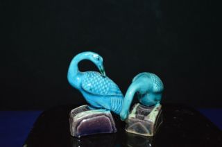 Antique Chinese Republic Period Export Turquoise Blue Duck Figurines Pair - 6.  5cm