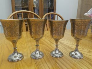 Chalice Goblet Etched Silver Plate/brass World Gift Z.  Y.  India 6 " X 3 " Set Of 4