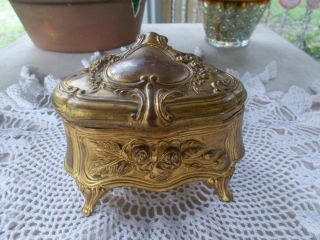 Antique Art Nouveau Casket Trinket Jewelry Box Stamped B & W 170 Gold Tone Roses