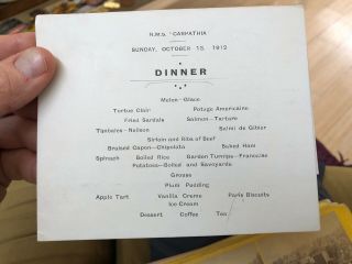 Rare Cunard Line Rms Carpathia Dinner Menu October 13,  1912 W/ Postcard