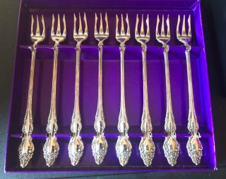 8 Oneida 1881 Rogers Baroque Rose Silver Plate Cocktail Forks.  Box