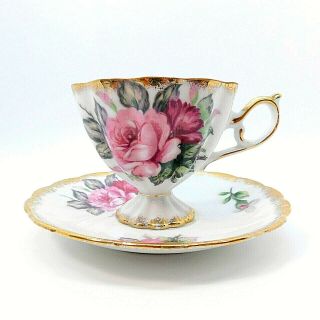 Vintage Porcelain Pedestal Tea Cup And Saucer Pink Rose Design
