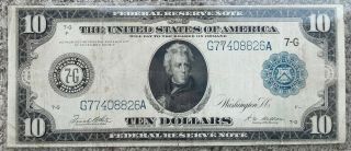 Rare Type B Chicago 1914 $10 Federal Reserve Note,  No Pinholes,  No Tears