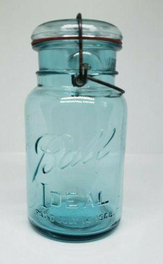 Antique Ball Glass Jar Aqua Embossed With Lid Ideal Patd 1908 Rare Quart Size