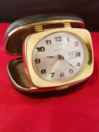 Bulova Alarm Travel Clock Folding With Day & Date Rare Vintage