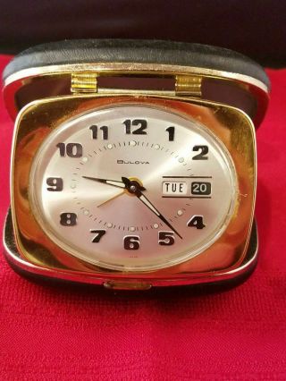 BULOVA Alarm Travel Clock Folding With Day & Date Rare Vintage 2