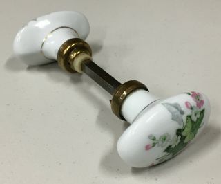 Antique Vintage Mortise Porcelain And Brass Flowered Oval Knobs And Spindle