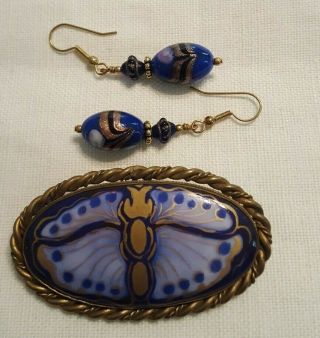 Antique Art Nouveau Blue/gold Enamel And Brass Brooch/pin & Handmade Earrings